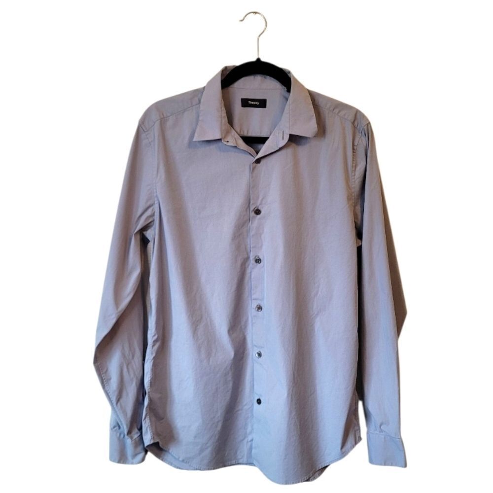 Theory Men's Grey Blue Stretch Weave Button Down Shirt Size L